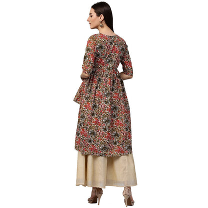Green Printed 3/4Th Sleeve Cotton Low High Kurta | LASVINI - Redefining Indian Fashion with Elegance