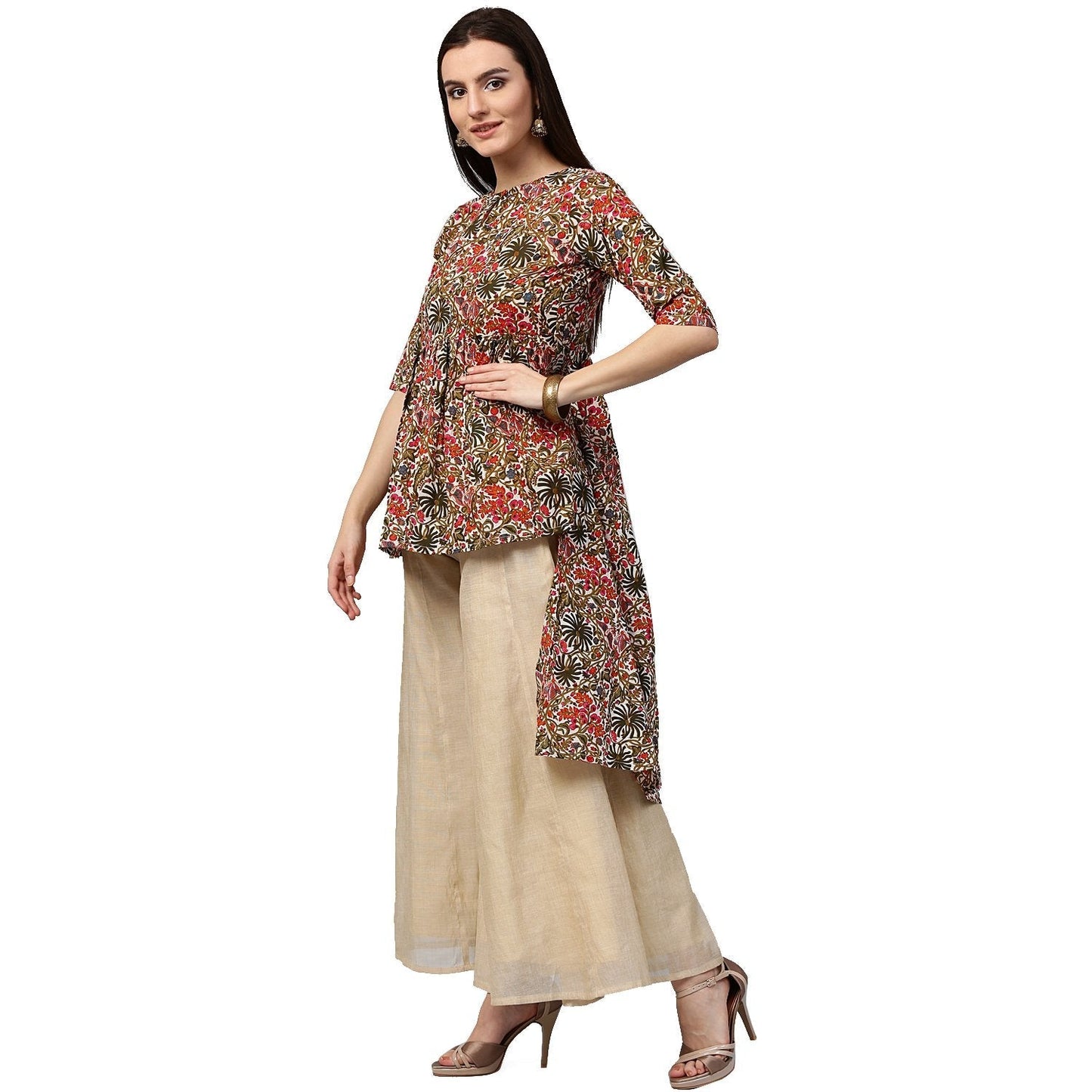 Green Printed 3/4Th Sleeve Cotton Low High Kurta | LASVINI - Redefining Indian Fashion with Elegance