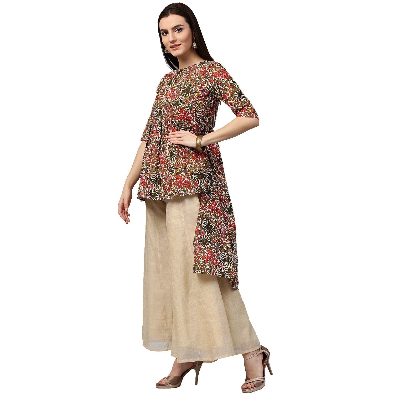 Green Printed 3/4Th Sleeve Cotton Low High Kurta | LASVINI - Redefining Indian Fashion with Elegance