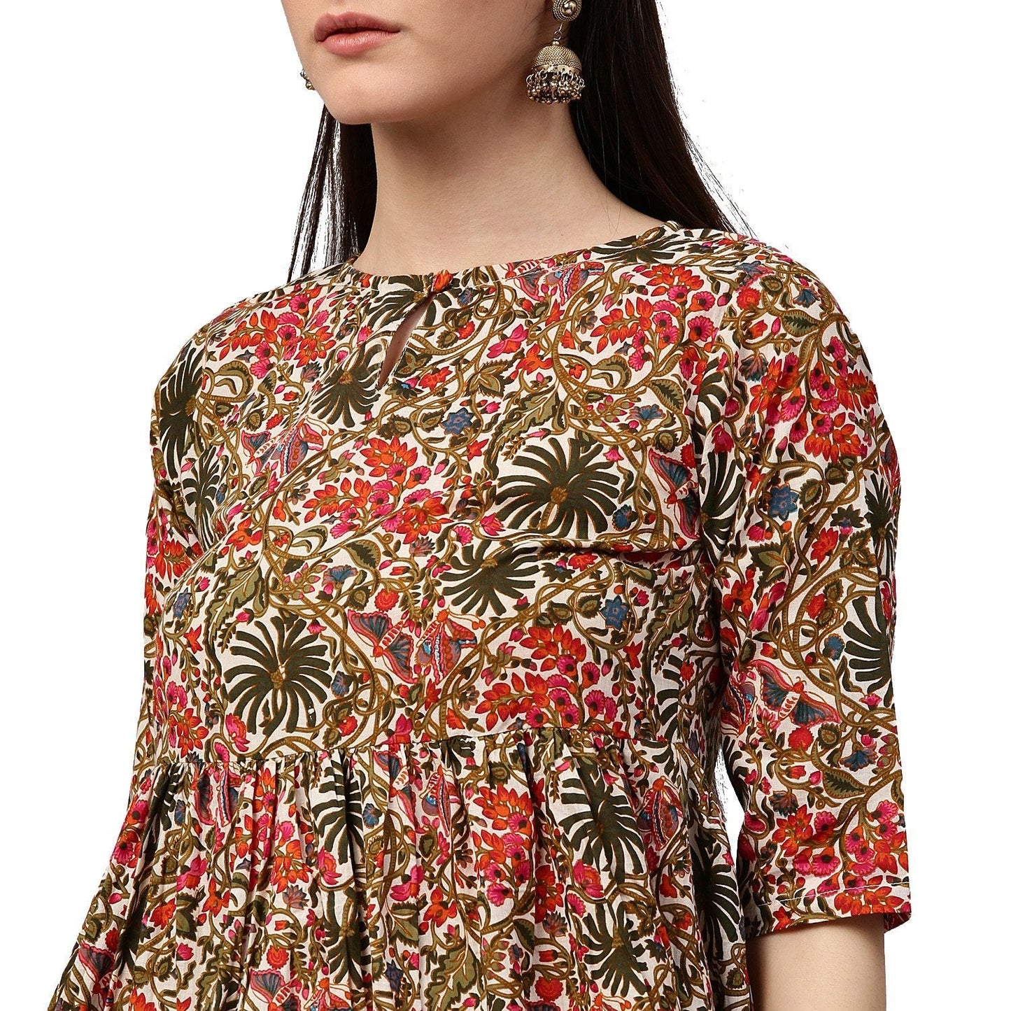 Green Printed 3/4Th Sleeve Cotton Low High Kurta | LASVINI - Redefining Indian Fashion with Elegance