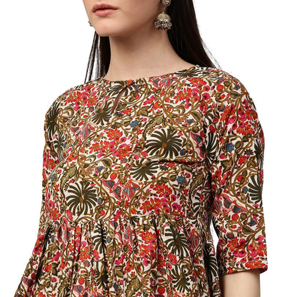 Green Printed 3/4Th Sleeve Cotton Low High Kurta | LASVINI - Redefining Indian Fashion with Elegance