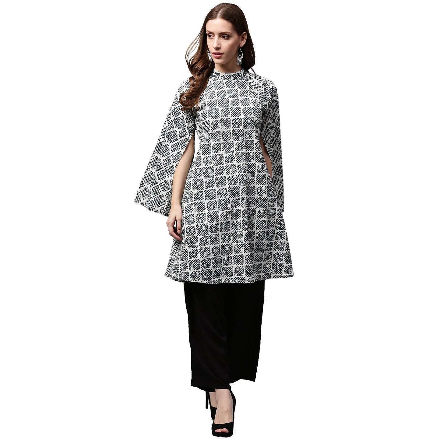 Grey Printed 3/4Th Sleeve Cotton A-Line Kurta | LASVINI - Redefining Indian Fashion with Elegance
