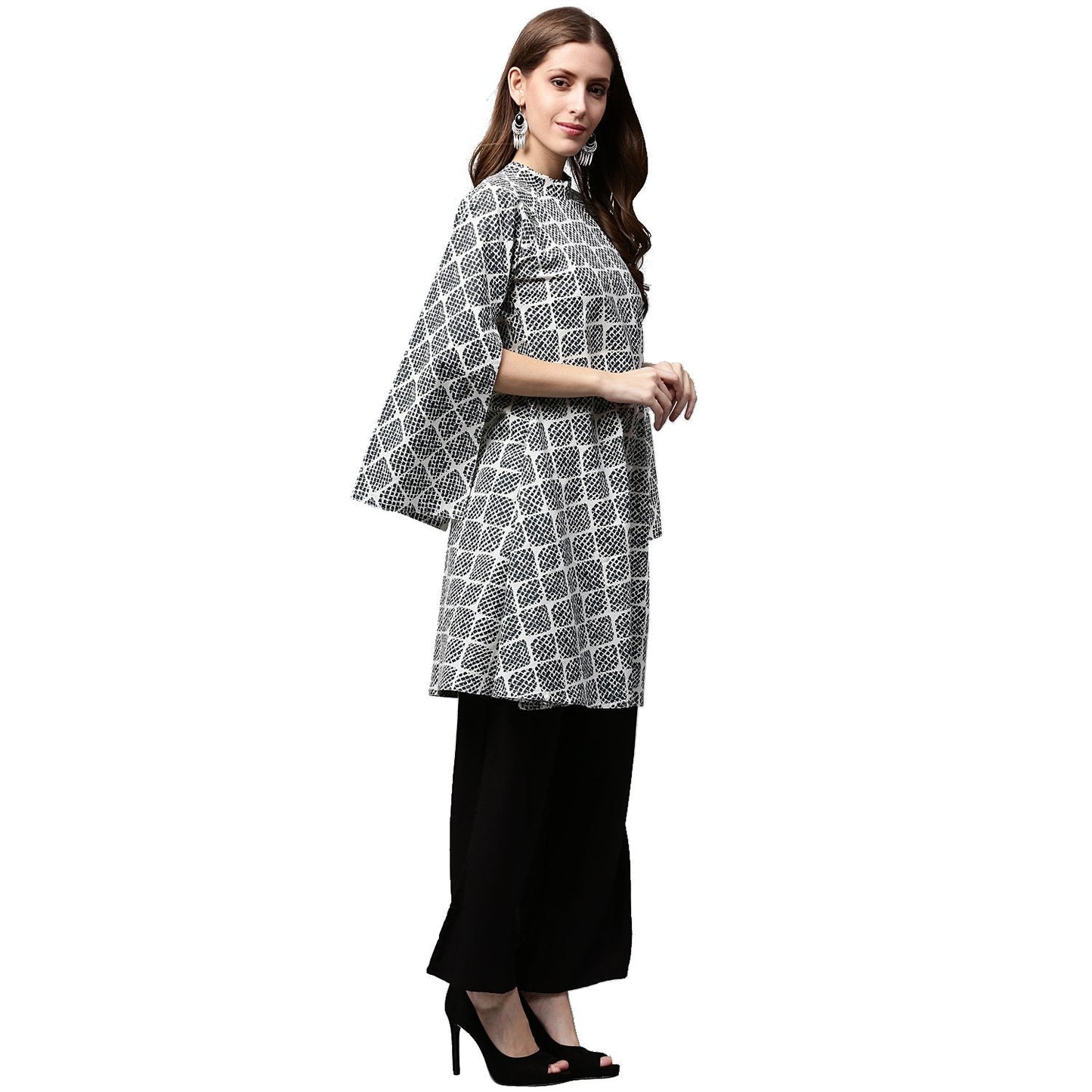 Grey Printed 3/4Th Sleeve Cotton A-Line Kurta | LASVINI - Redefining Indian Fashion with Elegance