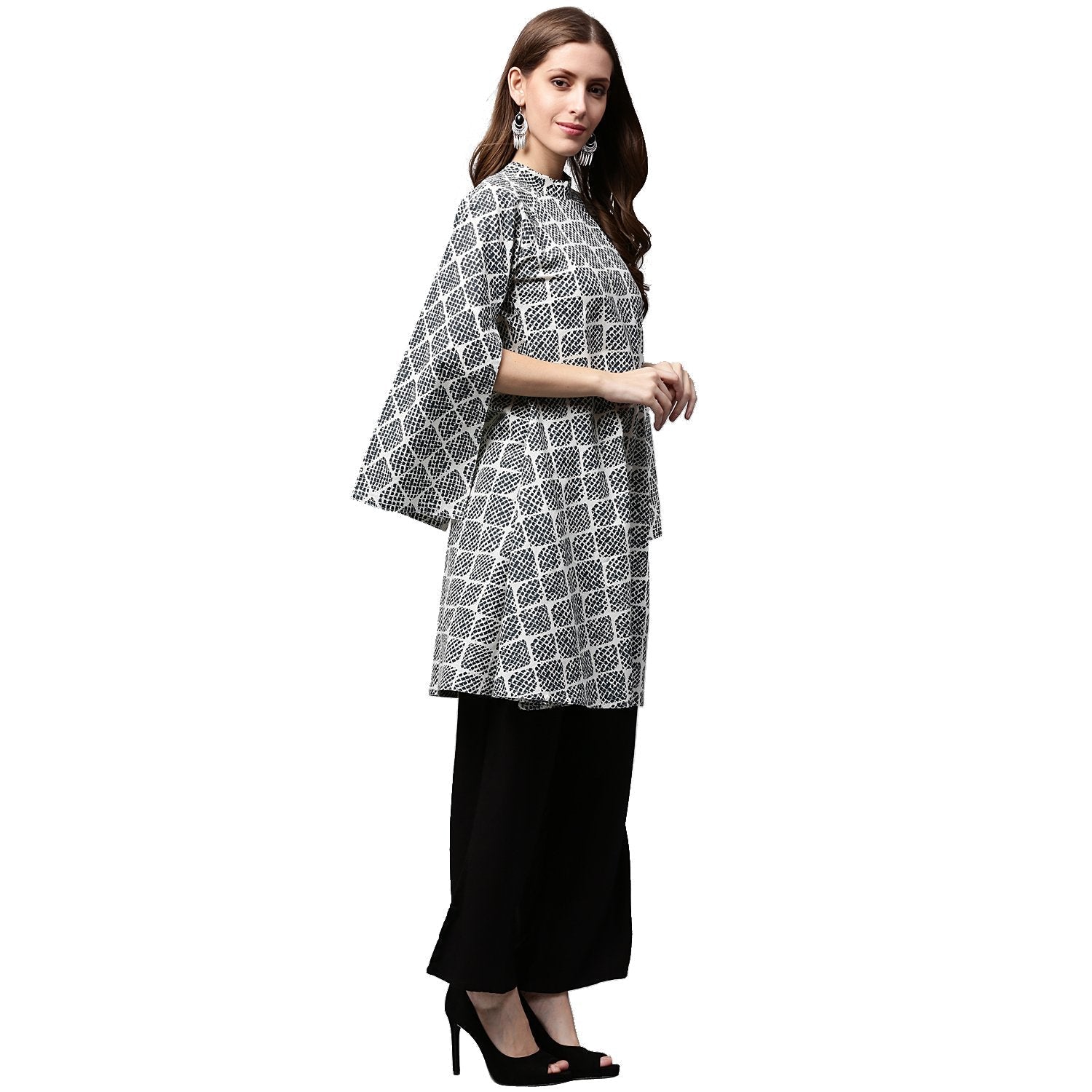 Grey Printed 3/4Th Sleeve Cotton A-Line Kurta | LASVINI - Redefining Indian Fashion with Elegance