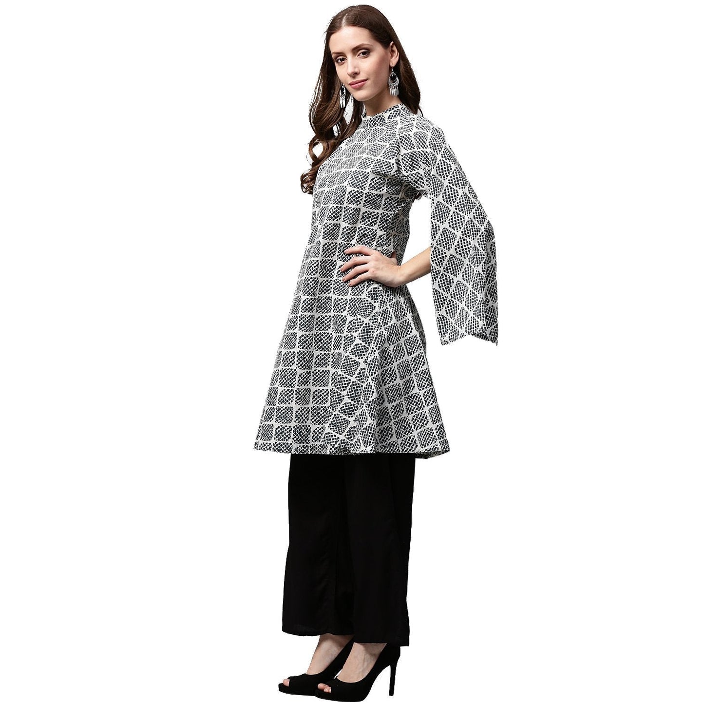 Grey Printed 3/4Th Sleeve Cotton A-Line Kurta | LASVINI - Redefining Indian Fashion with Elegance