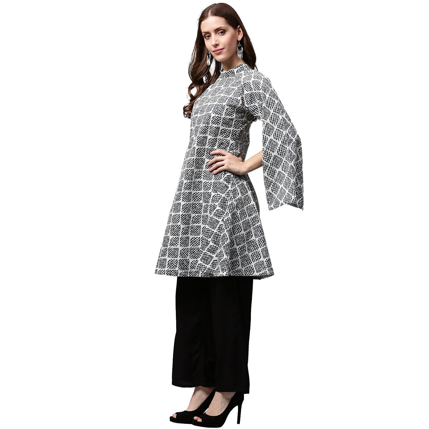 Grey Printed 3/4Th Sleeve Cotton A-Line Kurta | LASVINI - Redefining Indian Fashion with Elegance