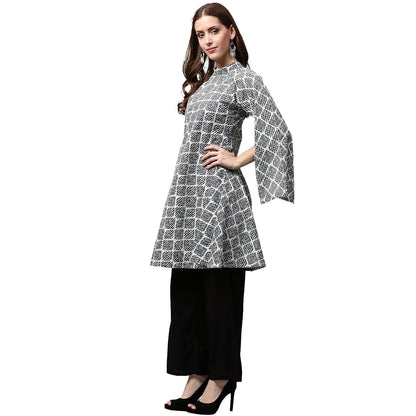 Grey Printed 3/4Th Sleeve Cotton A-Line Kurta | LASVINI - Redefining Indian Fashion with Elegance