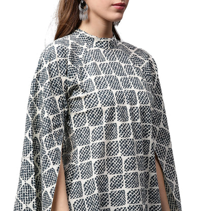Grey Printed 3/4Th Sleeve Cotton A-Line Kurta | LASVINI - Redefining Indian Fashion with Elegance