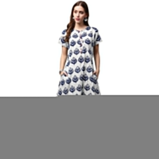 Blue Printed Short Sleeve Cotton A-Line Kurta | LASVINI - Redefining Indian Fashion with Elegance