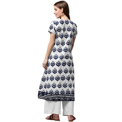 Blue Printed Short Sleeve Cotton A-Line Kurta | LASVINI - Redefining Indian Fashion with Elegance