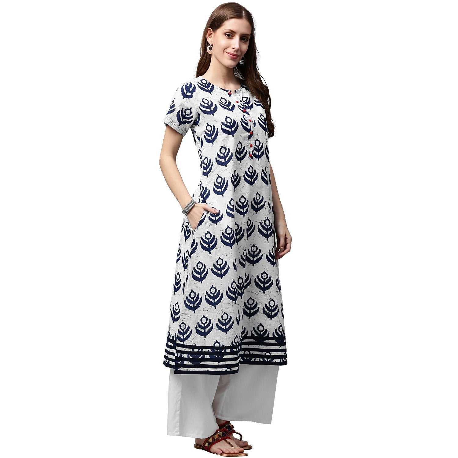 Blue Printed Short Sleeve Cotton A-Line Kurta | LASVINI - Redefining Indian Fashion with Elegance