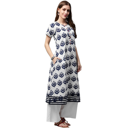 Blue Printed Short Sleeve Cotton A-Line Kurta | LASVINI - Redefining Indian Fashion with Elegance