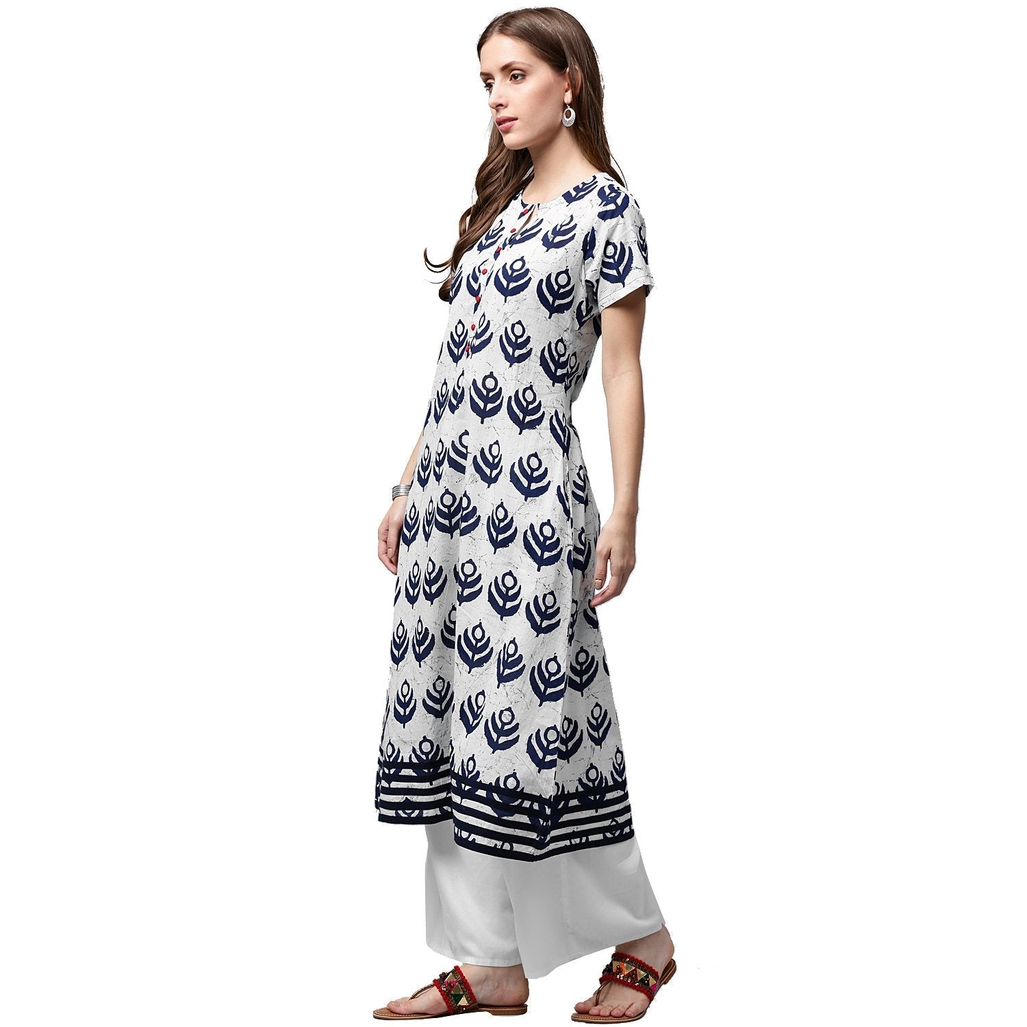 Blue Printed Short Sleeve Cotton A-Line Kurta | LASVINI - Redefining Indian Fashion with Elegance