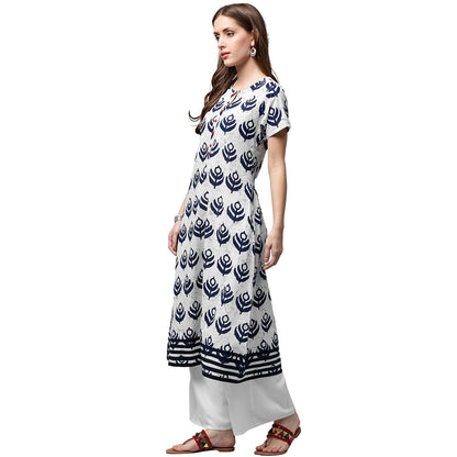 Blue Printed Short Sleeve Cotton A-Line Kurta | LASVINI - Redefining Indian Fashion with Elegance