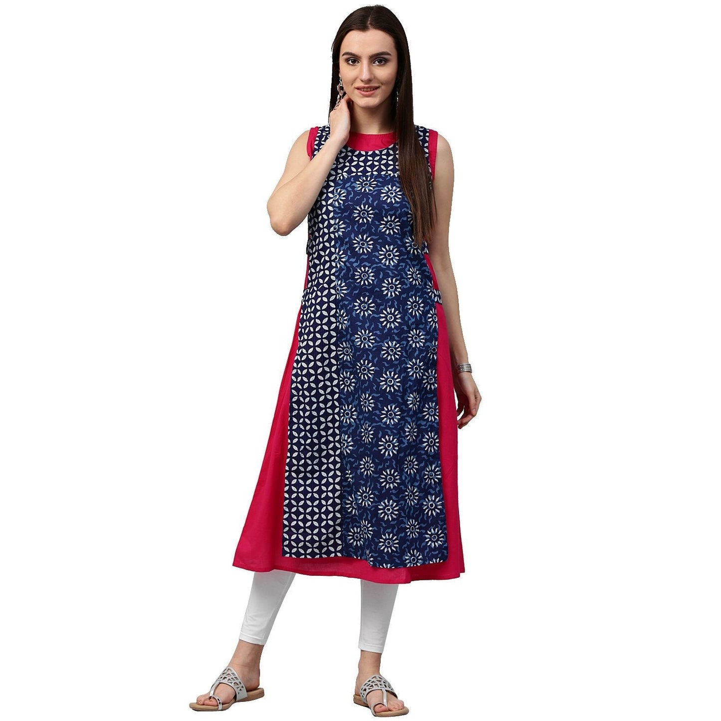 Pink & Blue Printed Sleeveless Cotton Double Layer Kurta | LASVINI - Redefining Indian Fashion with Elegance