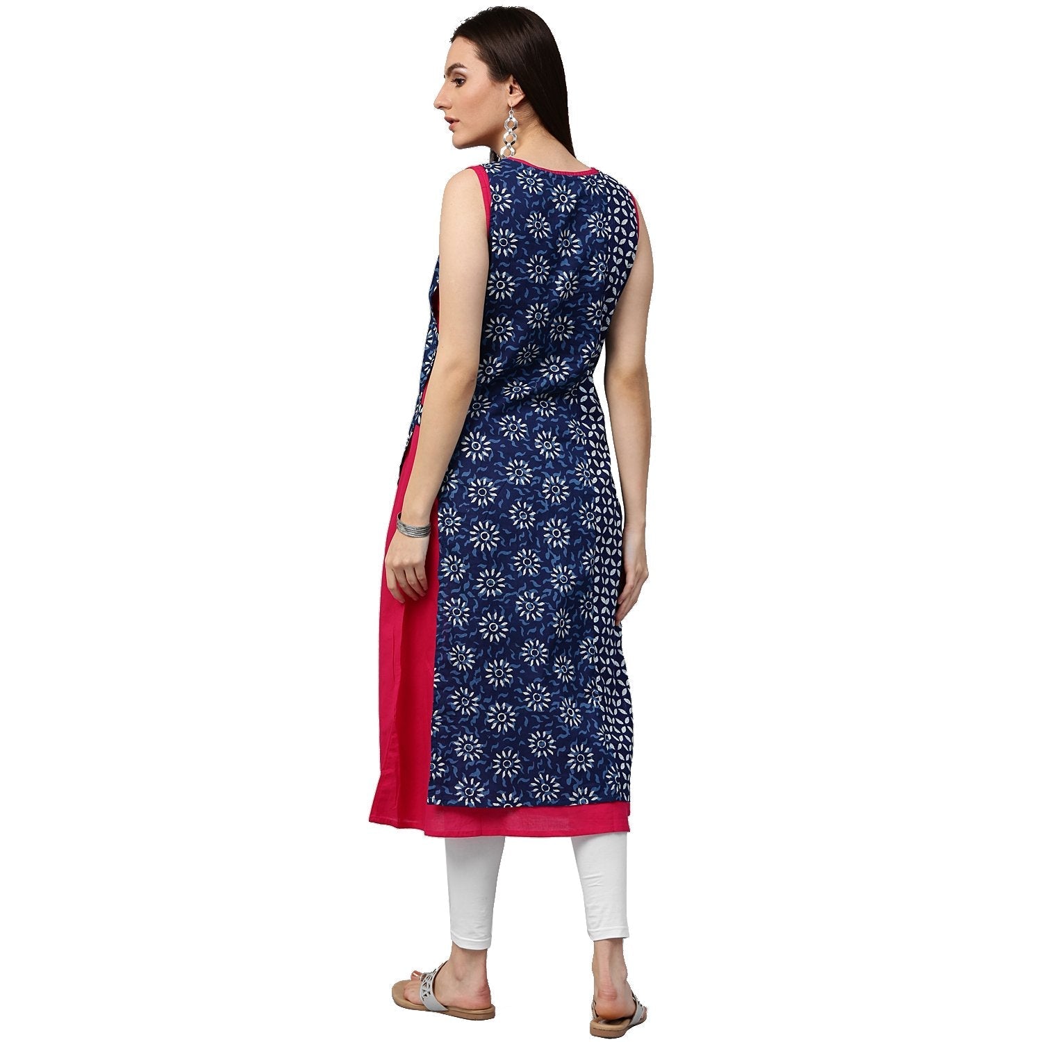 Pink & Blue Printed Sleeveless Cotton Double Layer Kurta | LASVINI - Redefining Indian Fashion with Elegance