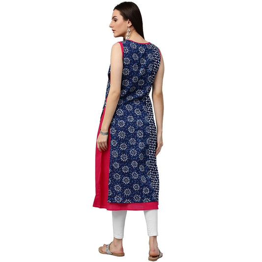 Pink & Blue Printed Sleeveless Cotton Double Layer Kurta | LASVINI - Redefining Indian Fashion with Elegance
