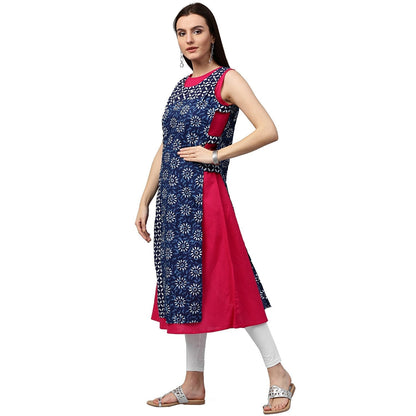 Pink & Blue Printed Sleeveless Cotton Double Layer Kurta | LASVINI - Redefining Indian Fashion with Elegance