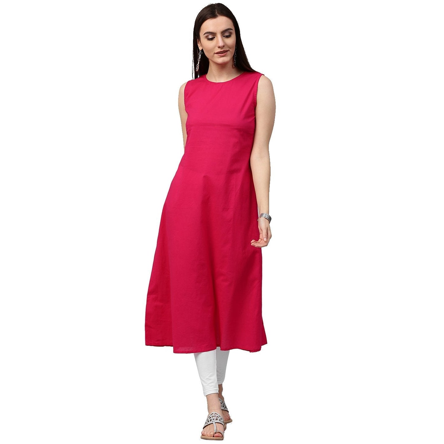 Pink & Blue Printed Sleeveless Cotton Double Layer Kurta | LASVINI - Redefining Indian Fashion with Elegance