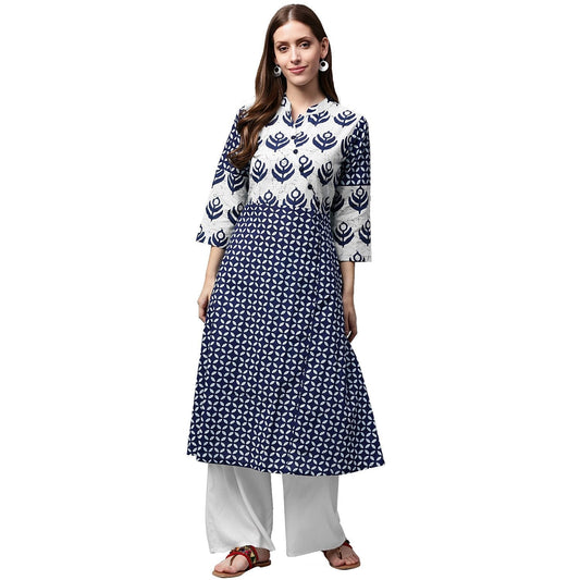 Blue Printed 3/4Th Sleeve Cotton A-Line Kurta | LASVINI - Redefining Indian Fashion with Elegance