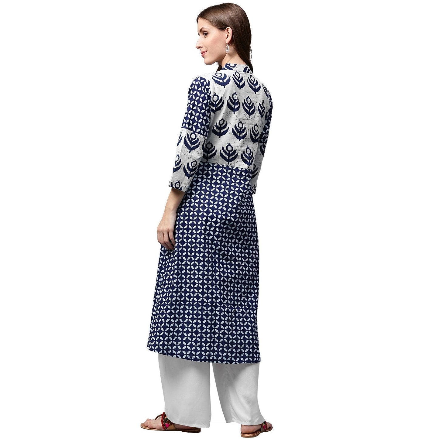 Blue Printed 3/4Th Sleeve Cotton A-Line Kurta | LASVINI - Redefining Indian Fashion with Elegance