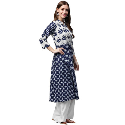 Blue Printed 3/4Th Sleeve Cotton A-Line Kurta | LASVINI - Redefining Indian Fashion with Elegance