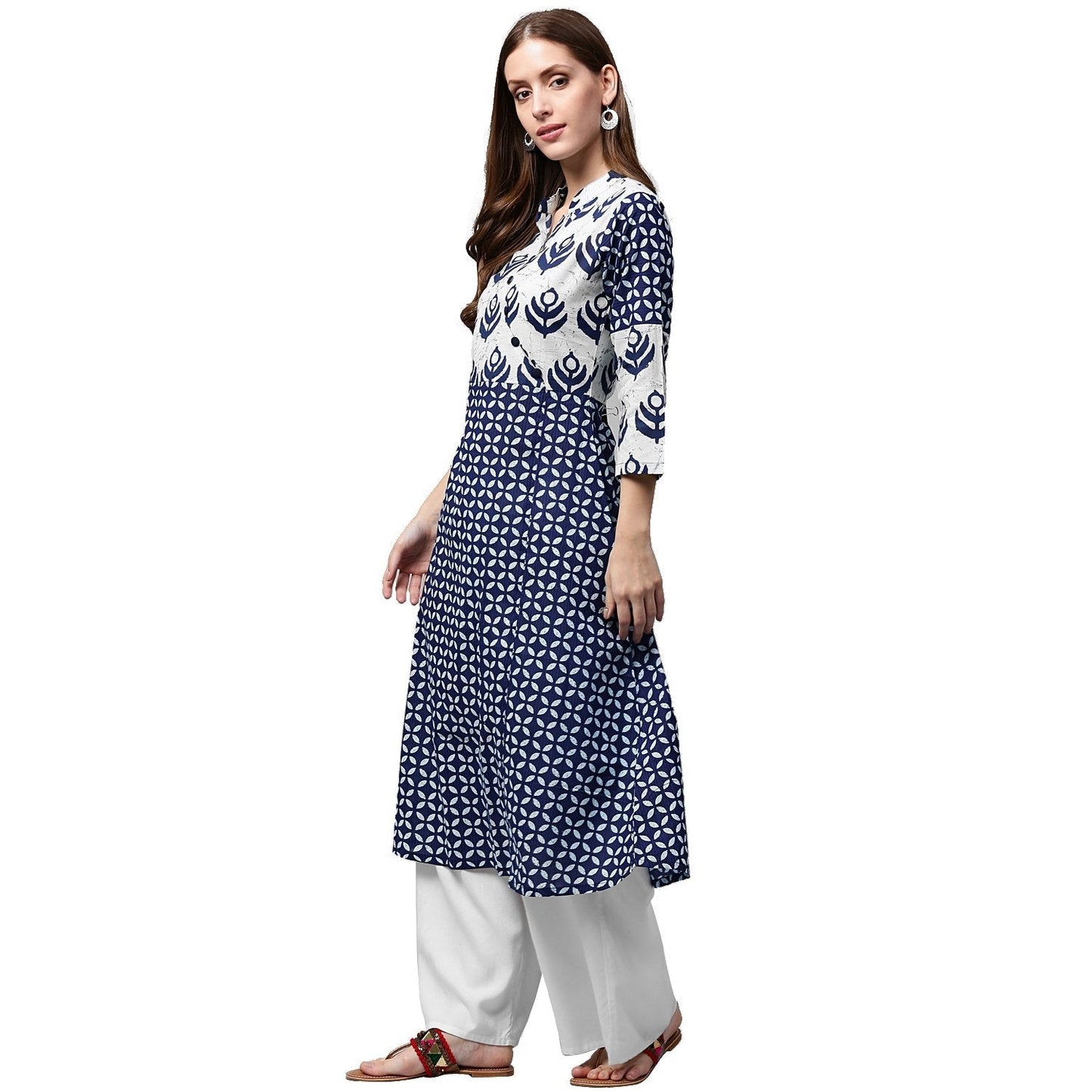 Blue Printed 3/4Th Sleeve Cotton A-Line Kurta | LASVINI - Redefining Indian Fashion with Elegance