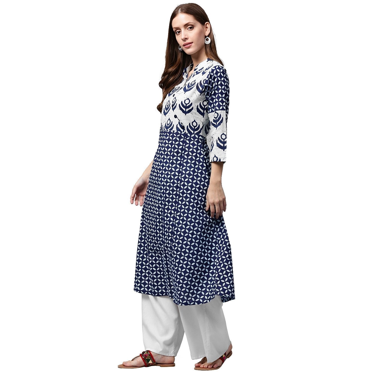Blue Printed 3/4Th Sleeve Cotton A-Line Kurta | LASVINI - Redefining Indian Fashion with Elegance