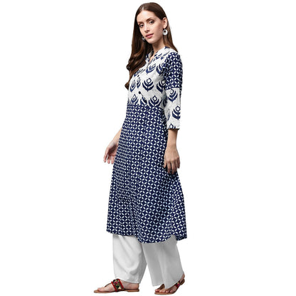 Blue Printed 3/4Th Sleeve Cotton A-Line Kurta | LASVINI - Redefining Indian Fashion with Elegance