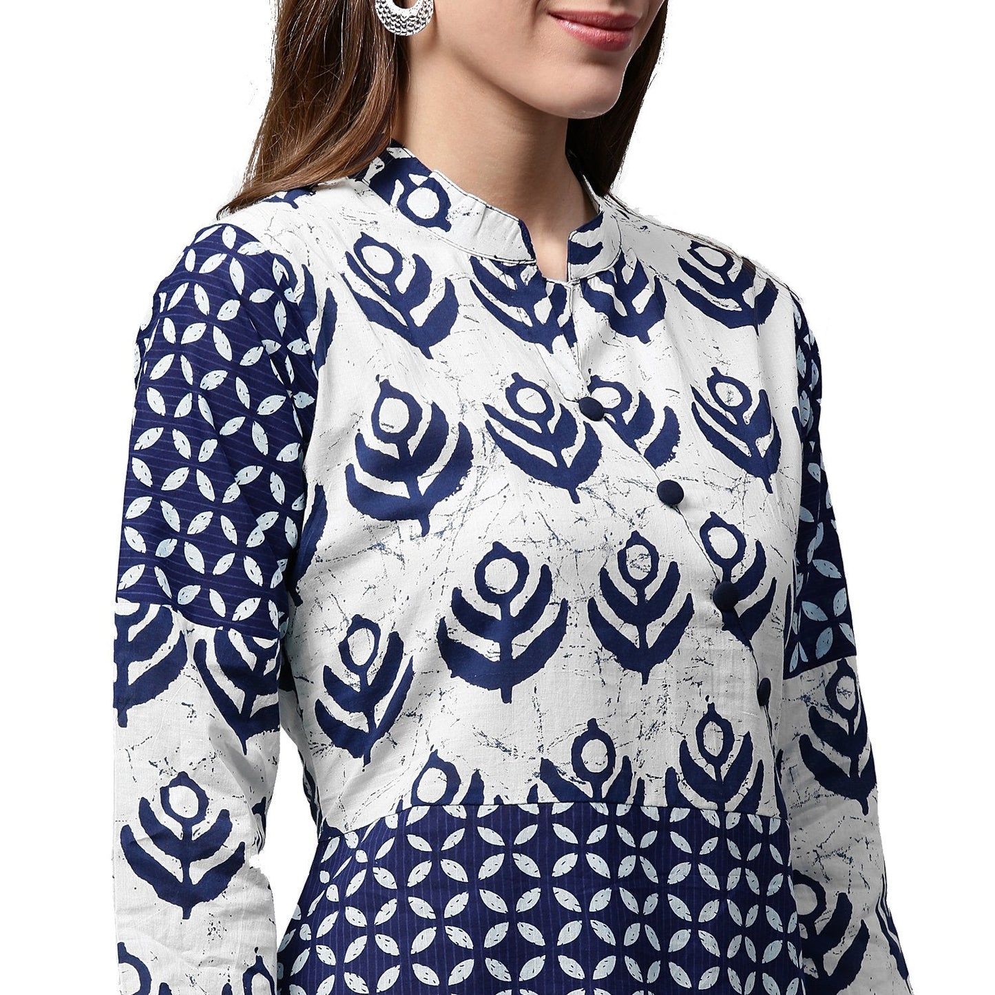 Blue Printed 3/4Th Sleeve Cotton A-Line Kurta | LASVINI - Redefining Indian Fashion with Elegance