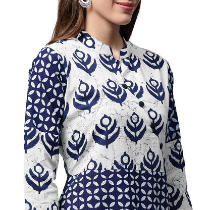 Blue Printed 3/4Th Sleeve Cotton A-Line Kurta | LASVINI - Redefining Indian Fashion with Elegance