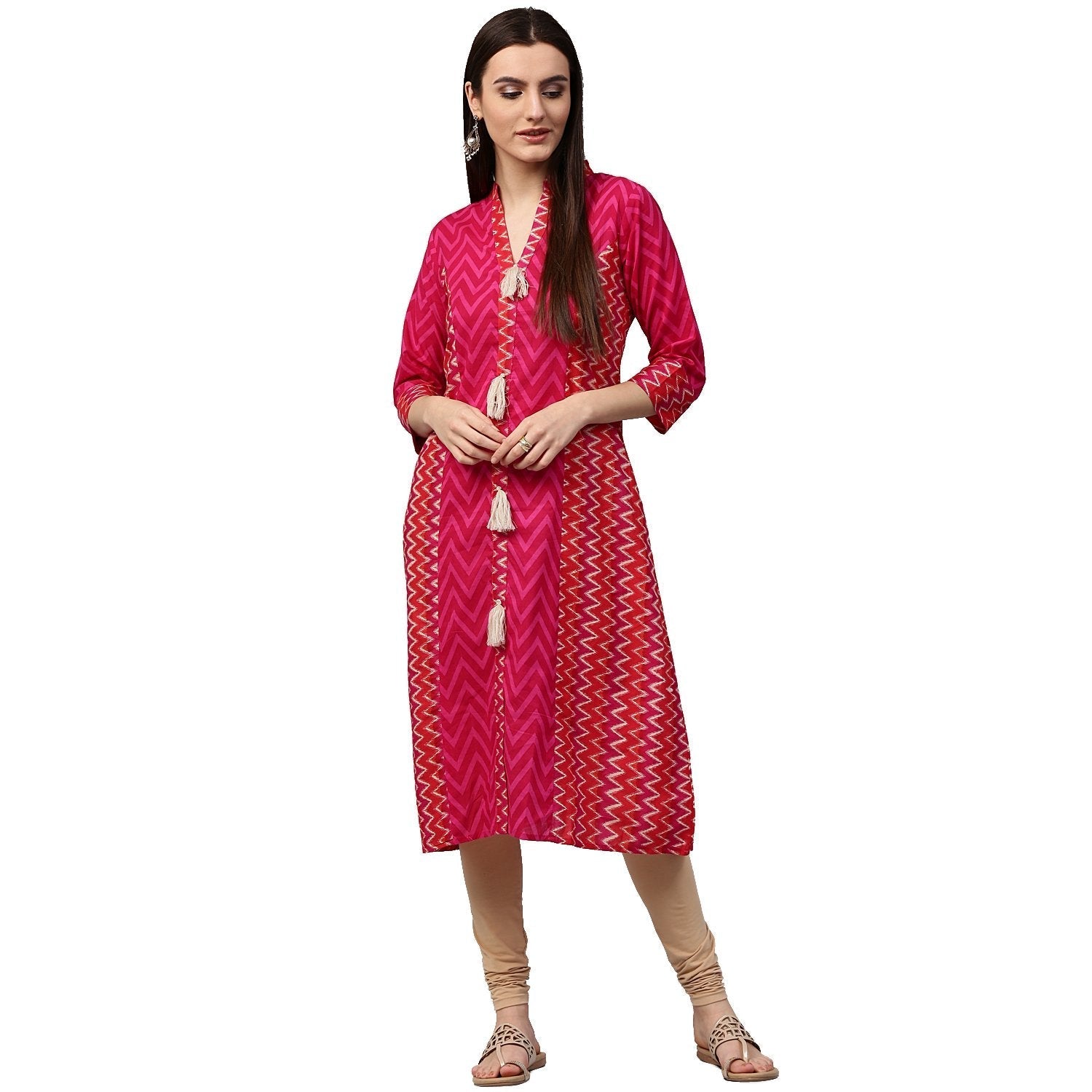 Pink & Red Printed 3/4Th Sleeve Cotton Assymetric Kurta | LASVINI - Redefining Indian Fashion with Elegance