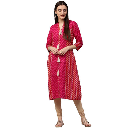 Pink & Red Printed 3/4Th Sleeve Cotton Assymetric Kurta | LASVINI - Redefining Indian Fashion with Elegance