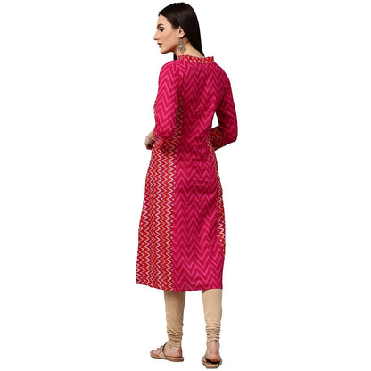 Pink & Red Printed 3/4Th Sleeve Cotton Assymetric Kurta | LASVINI - Redefining Indian Fashion with Elegance