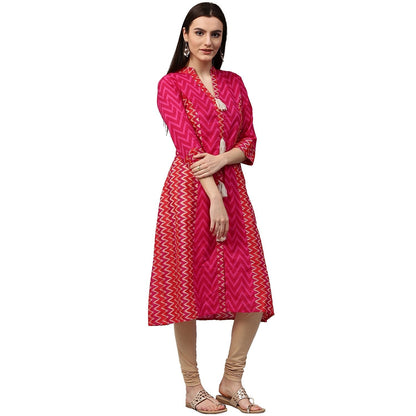 Pink & Red Printed 3/4Th Sleeve Cotton Assymetric Kurta | LASVINI - Redefining Indian Fashion with Elegance