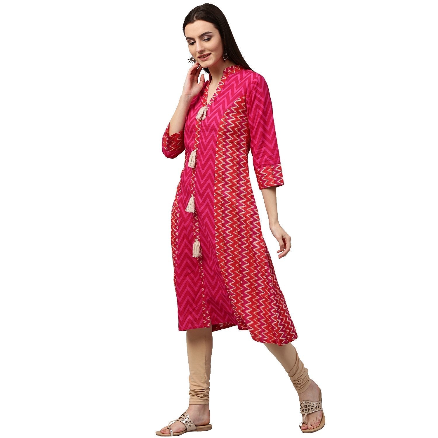 Pink & Red Printed 3/4Th Sleeve Cotton Assymetric Kurta | LASVINI - Redefining Indian Fashion with Elegance