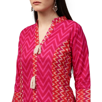 Pink & Red Printed 3/4Th Sleeve Cotton Assymetric Kurta | LASVINI - Redefining Indian Fashion with Elegance