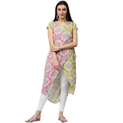 Green & Pink Printed Short Sleeve Cotton Assymetric Kurta | LASVINI - Redefining Indian Fashion with Elegance