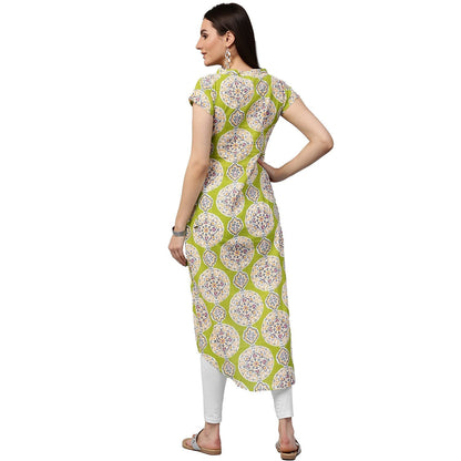 Green & Pink Printed Short Sleeve Cotton Assymetric Kurta | LASVINI - Redefining Indian Fashion with Elegance