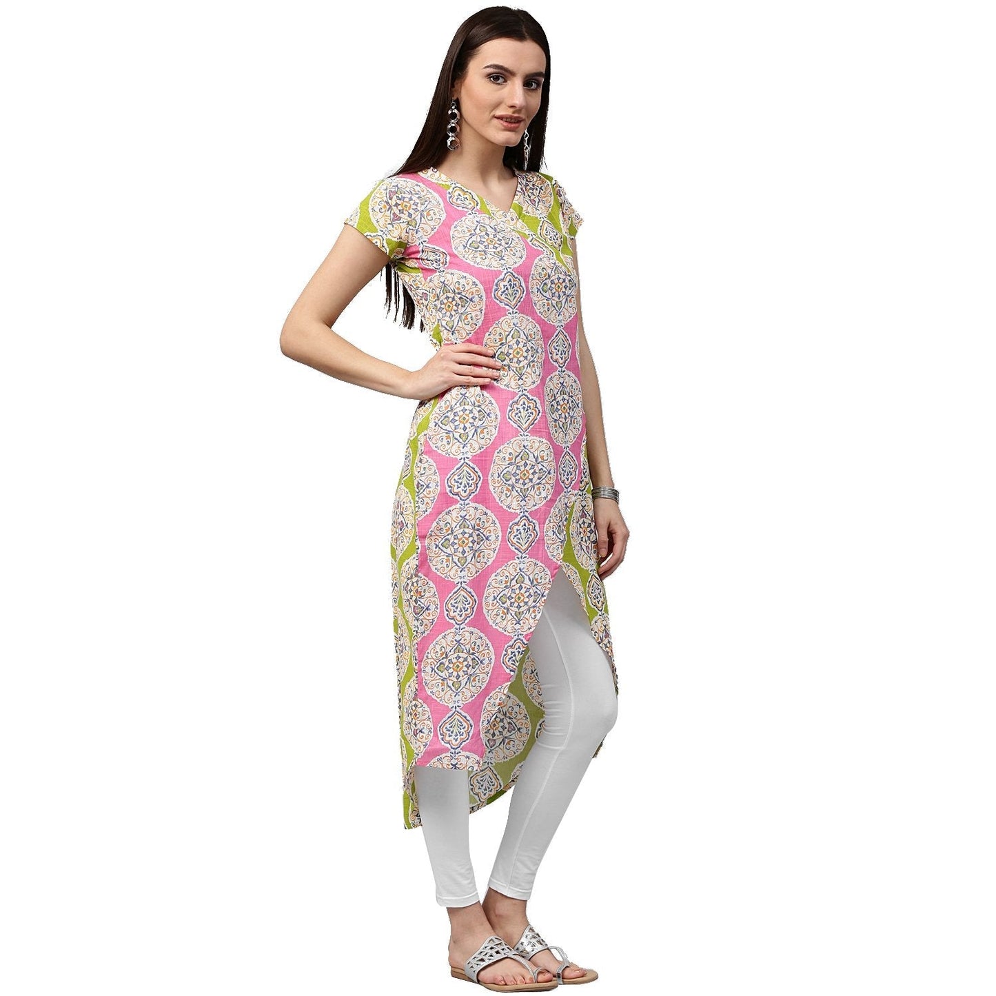 Green & Pink Printed Short Sleeve Cotton Assymetric Kurta | LASVINI - Redefining Indian Fashion with Elegance