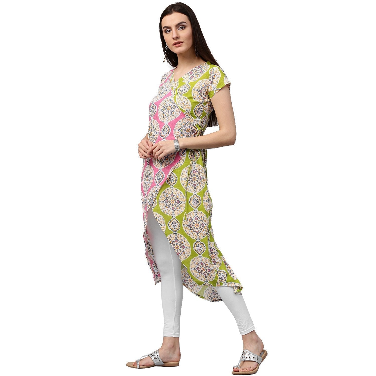 Green & Pink Printed Short Sleeve Cotton Assymetric Kurta | LASVINI - Redefining Indian Fashion with Elegance