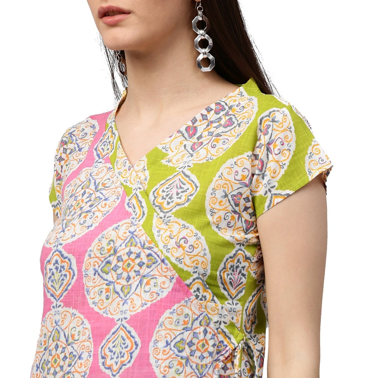 Green & Pink Printed Short Sleeve Cotton Assymetric Kurta | LASVINI - Redefining Indian Fashion with Elegance