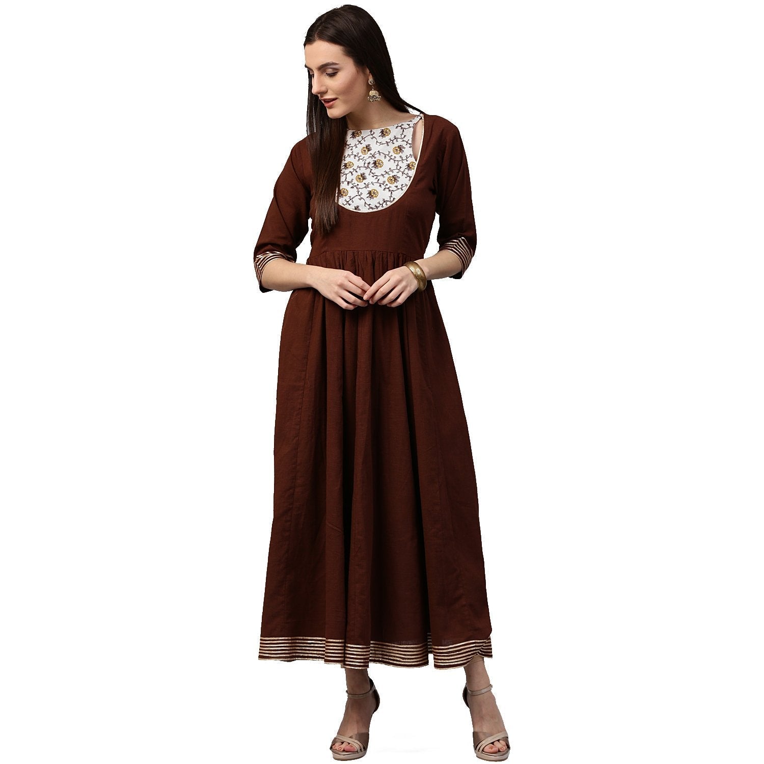 Coffee 3/4Th Sleeve Cotton Anarkali Kurta With Printed Yoke | LASVINI - Redefining Indian Fashion with Elegance