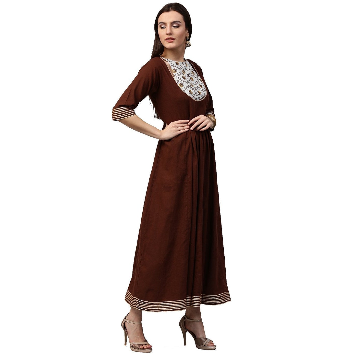 Coffee 3/4Th Sleeve Cotton Anarkali Kurta With Printed Yoke | LASVINI - Redefining Indian Fashion with Elegance