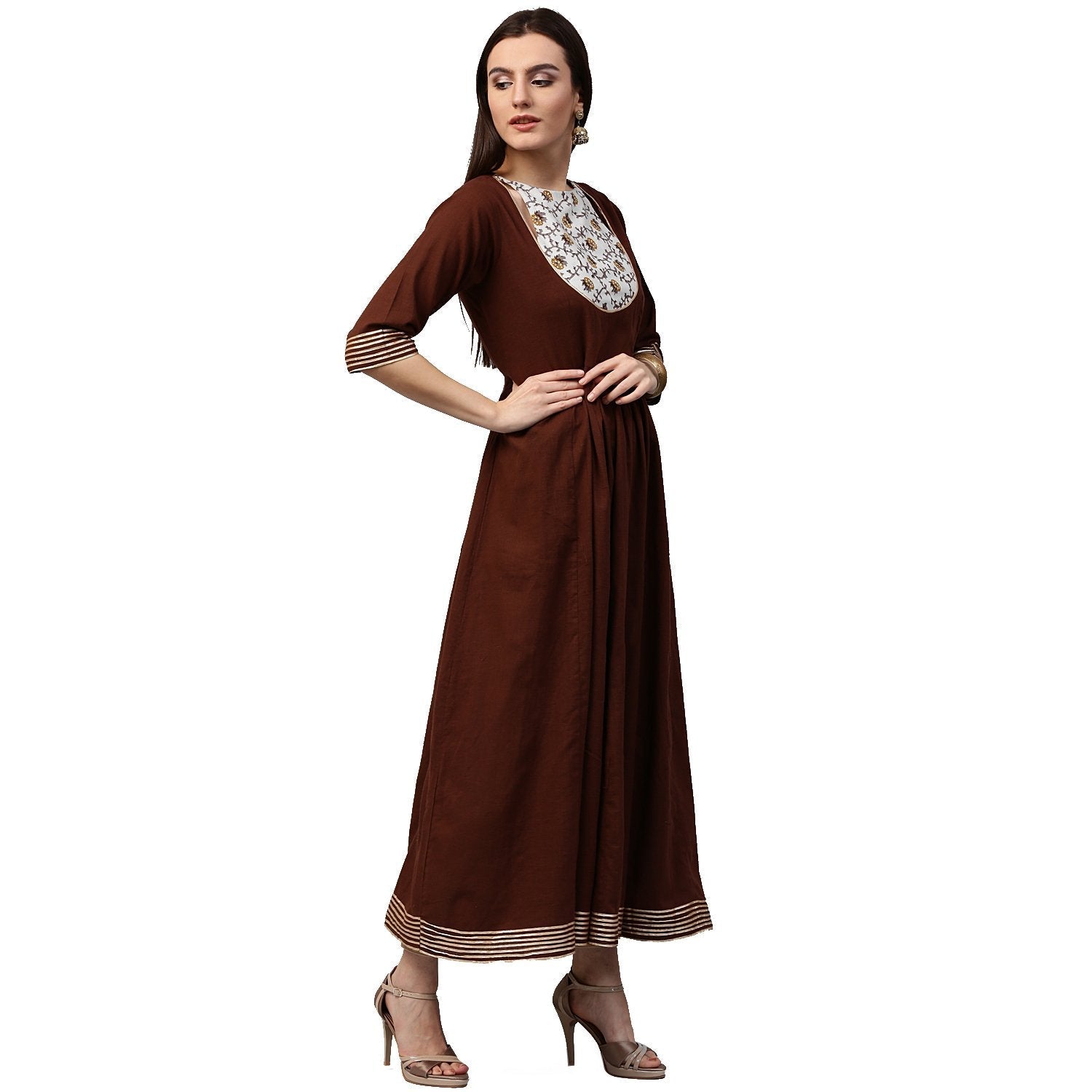 Coffee 3/4Th Sleeve Cotton Anarkali Kurta With Printed Yoke | LASVINI - Redefining Indian Fashion with Elegance