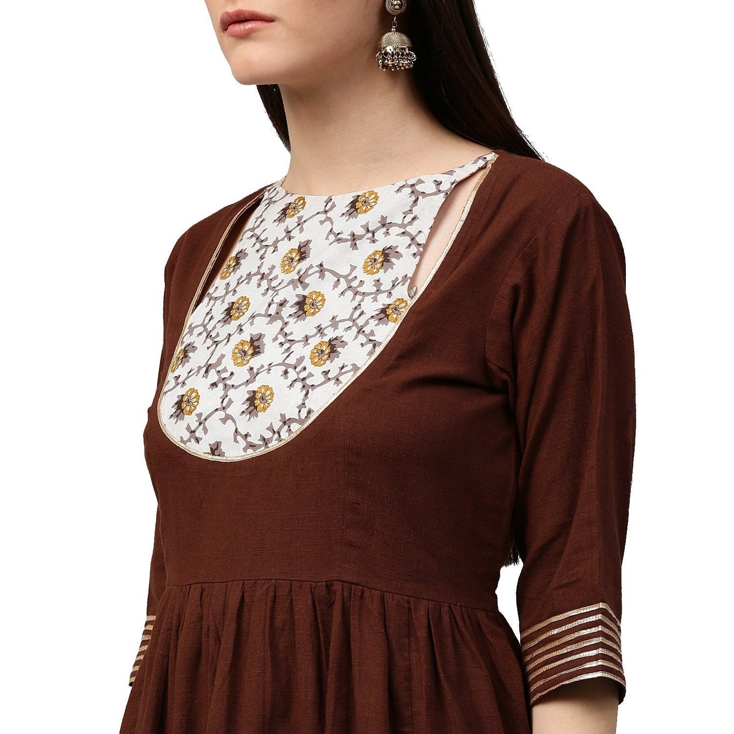 Coffee 3/4Th Sleeve Cotton Anarkali Kurta With Printed Yoke | LASVINI - Redefining Indian Fashion with Elegance