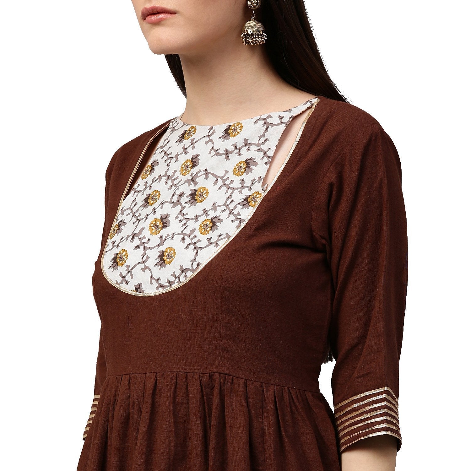 Coffee 3/4Th Sleeve Cotton Anarkali Kurta With Printed Yoke | LASVINI - Redefining Indian Fashion with Elegance