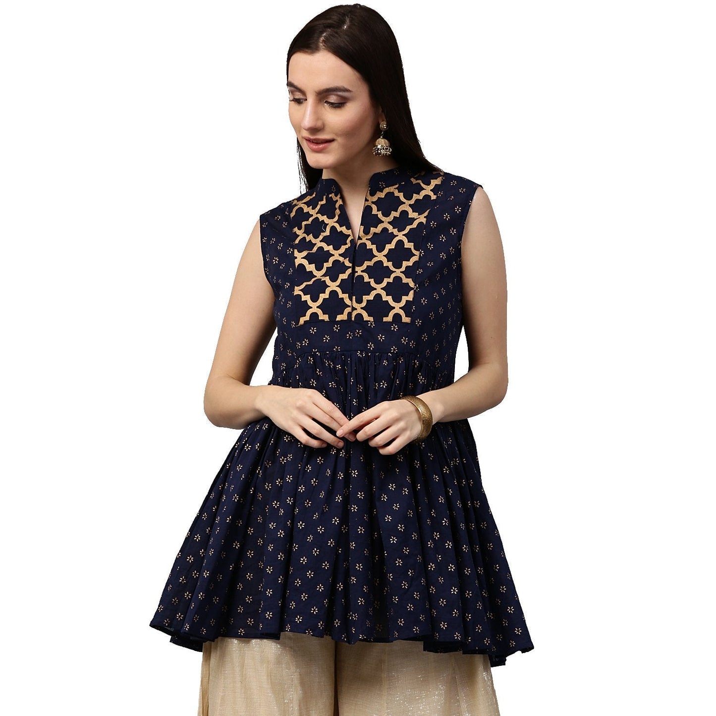 Navy Blue Printed Sleeveless Cotton Cropped Anarkali Kurta | LASVINI - Redefining Indian Fashion with Elegance