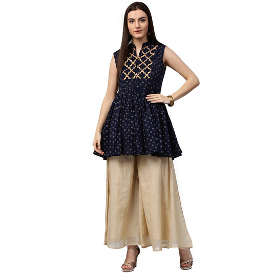 Navy Blue Printed Sleeveless Cotton Cropped Anarkali Kurta | LASVINI - Redefining Indian Fashion with Elegance