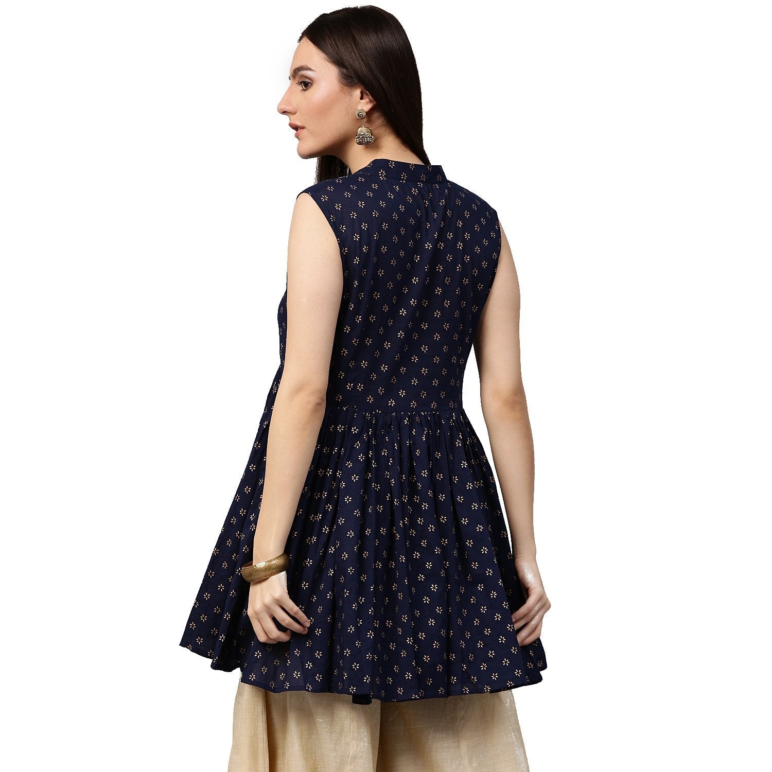 Navy Blue Printed Sleeveless Cotton Cropped Anarkali Kurta | LASVINI - Redefining Indian Fashion with Elegance